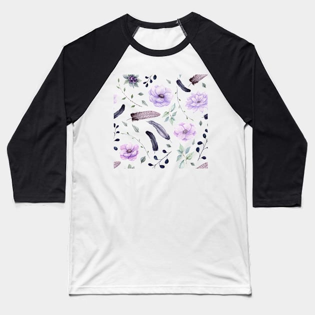 Seamless Pattern of Watercolor Feathers and Flowers Baseball T-Shirt by Cordata